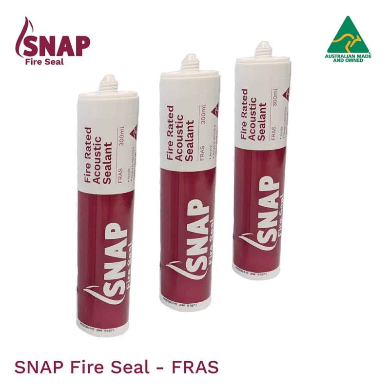 Three tubes of SNAP Fire Seal with logo that reads SNAP Fire Seal, there is also a Made in Australia logo and text that reads the product name: SNAP Fire Seal - FRAS